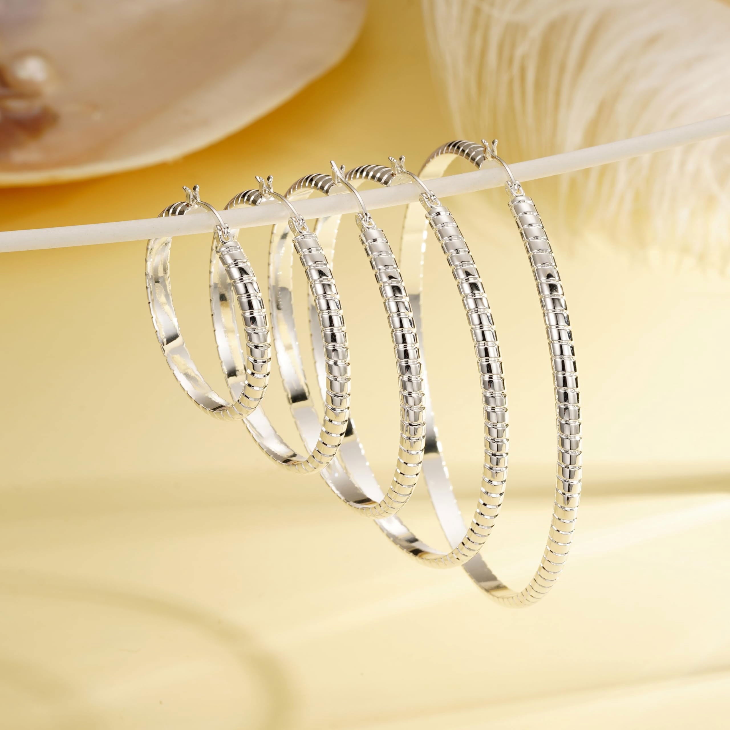 2 Pairs 18K White Gold Plated Hoop Earrings for Women S925 Sterling Silver Post Hypoallergenic Earrings Set Birthday Graduation Jewelry Gifts Her Mom Girlfriend Adults Ideas 50/60MM
